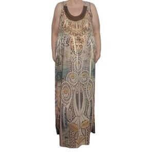 One World Size 1X Boho Chic Beaded Art To Wear Maxi Dress Hippie Cruise Vacation